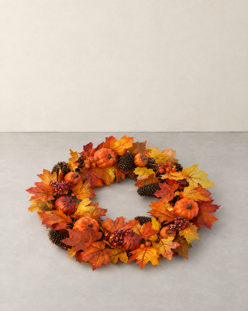 Autumn Door Wreath with Pumpkins, Pine Cones and LED String, 60 cm