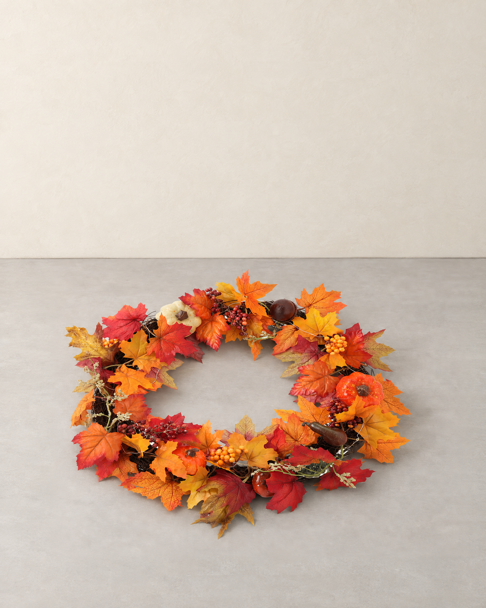 Autumn Door Wreath on a Woven Branch Ring with LED String, 60 cm