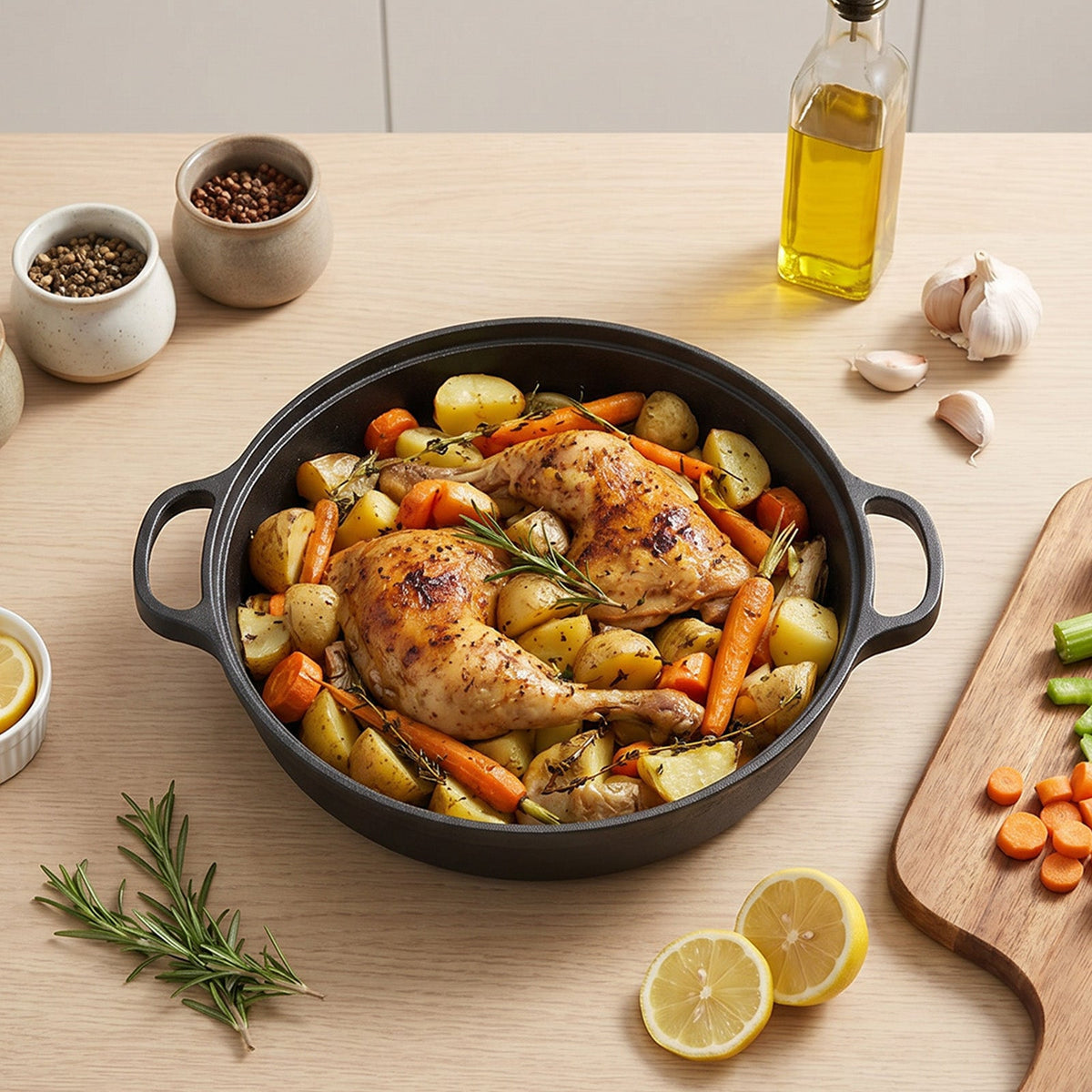 Roast chicken leg with potatoes and carrots in the two-handled cast iron skillet