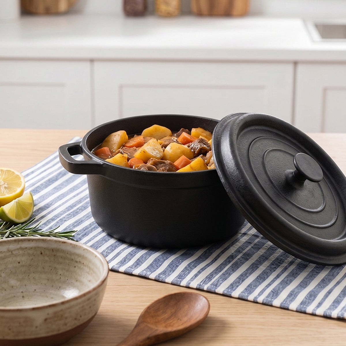 Black cast iron Dutch oven filled with stew on a striped cloth, its ringed lid leaning beside it
