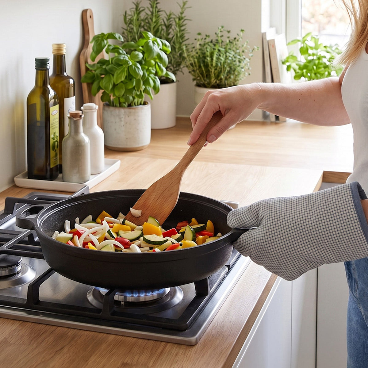 A cook stirring vegetables in the two-handled cast iron skillet on a gas hob, holding a handle with an oven glove