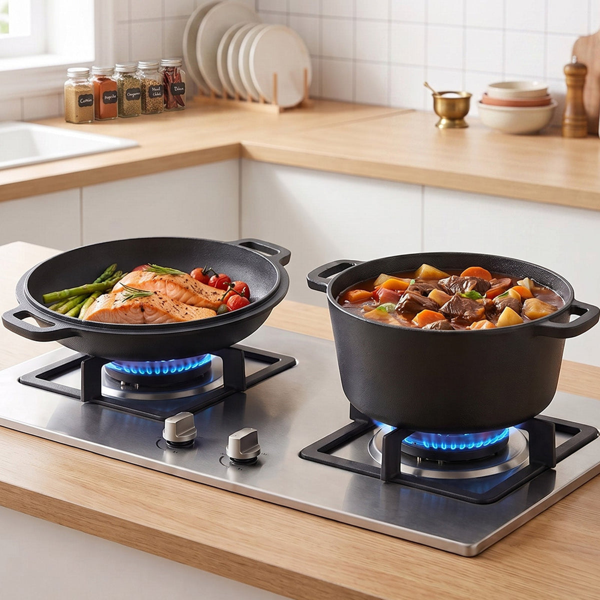 Lid-pan with salmon and the pot with stew side by side on a gas hob