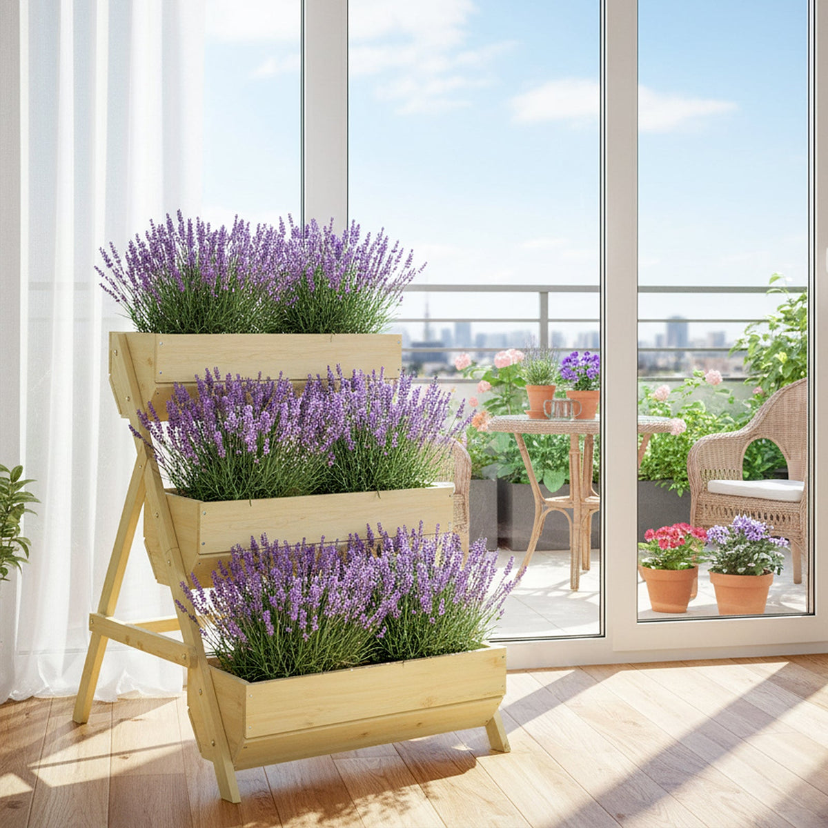 Natural wood three-tier planter with lavender in a bright room by a window