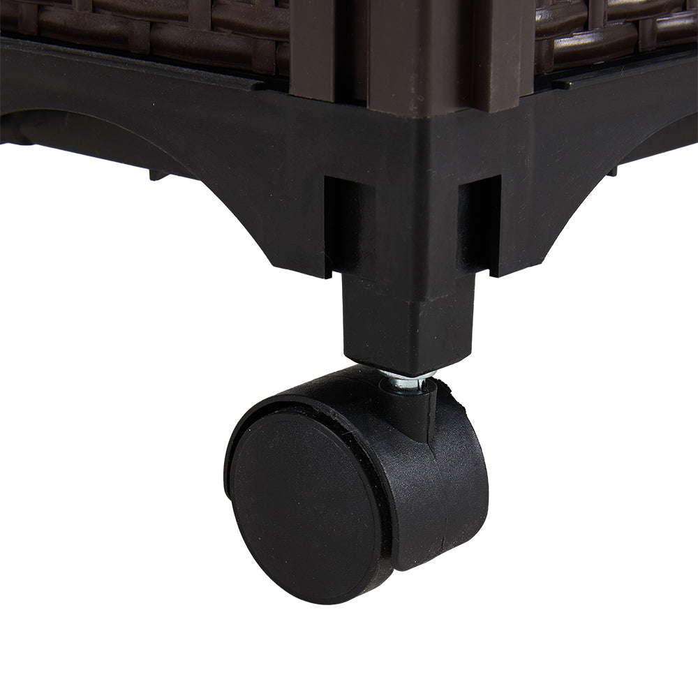 Close-up of a black swivel castor under the planter base