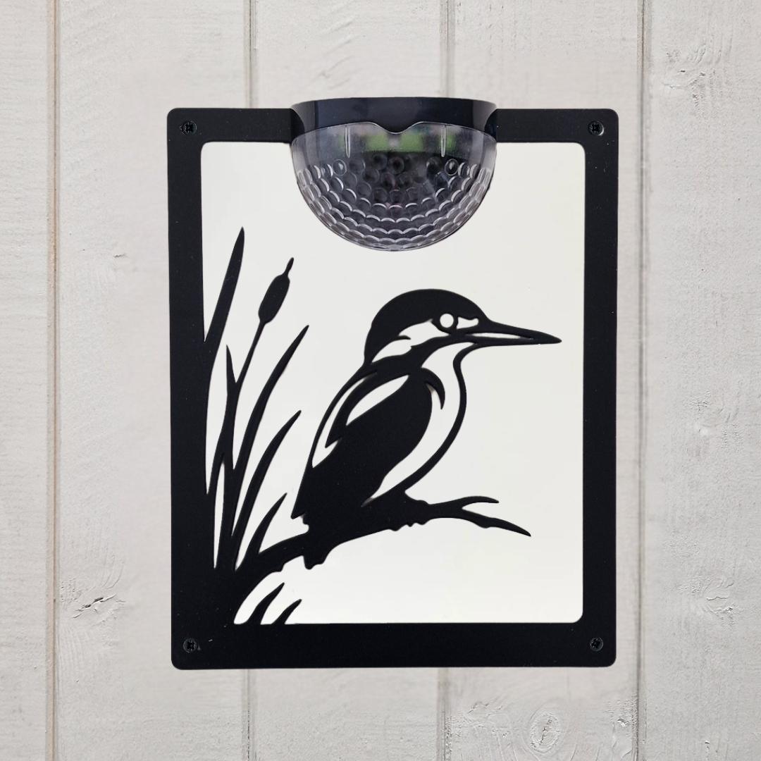 Kingfisher solar plaque with white backing panel on white painted cladding