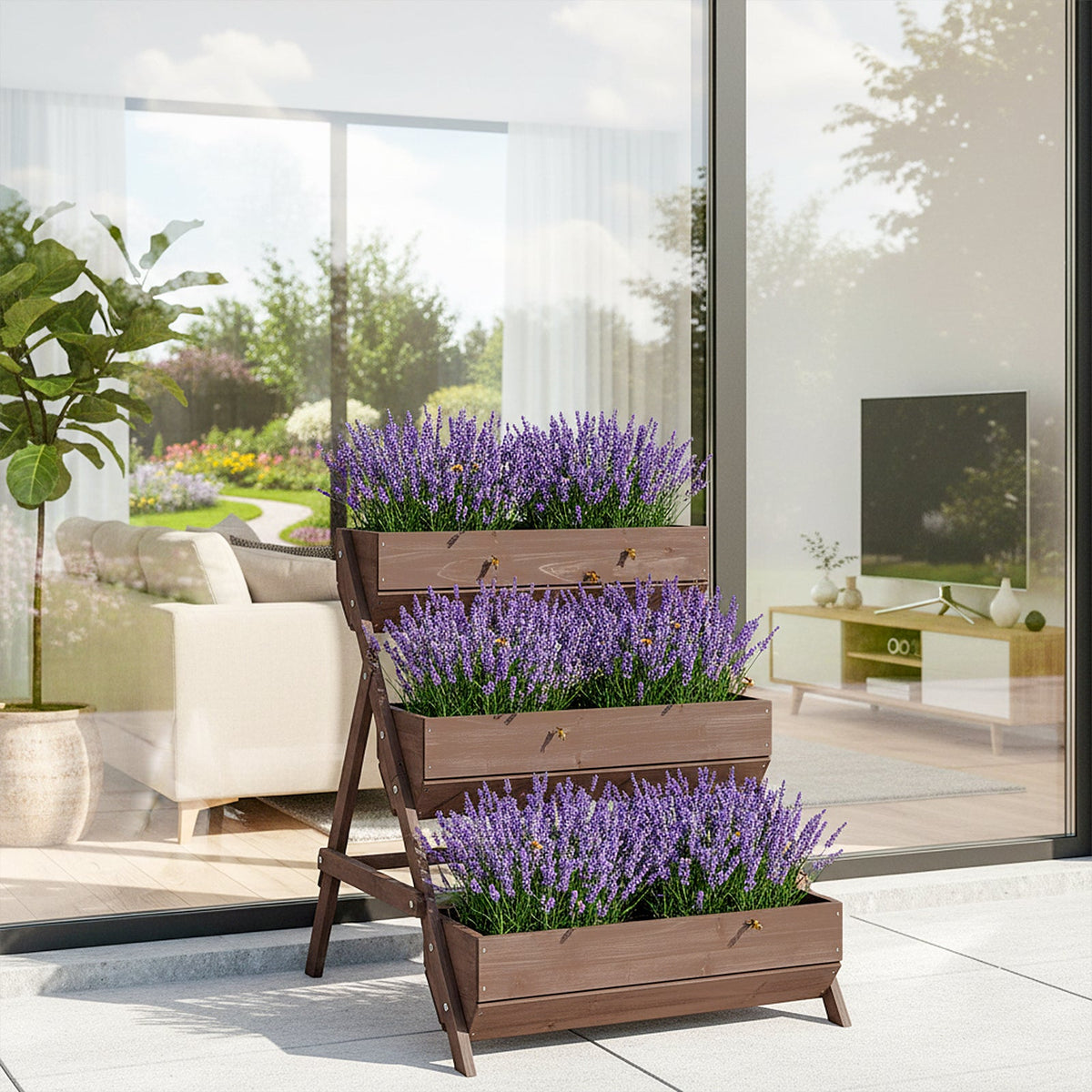 Brown three-tier wooden planter with lavender by a glass door
