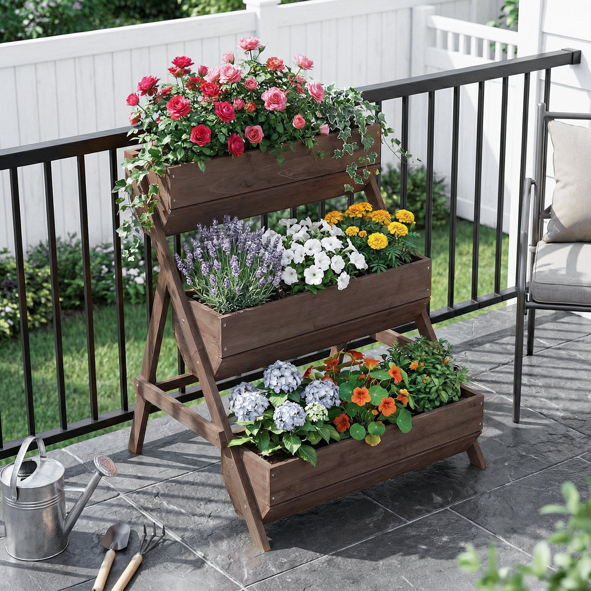 Brown three-tier wooden planter with roses and daisies on a balcony
