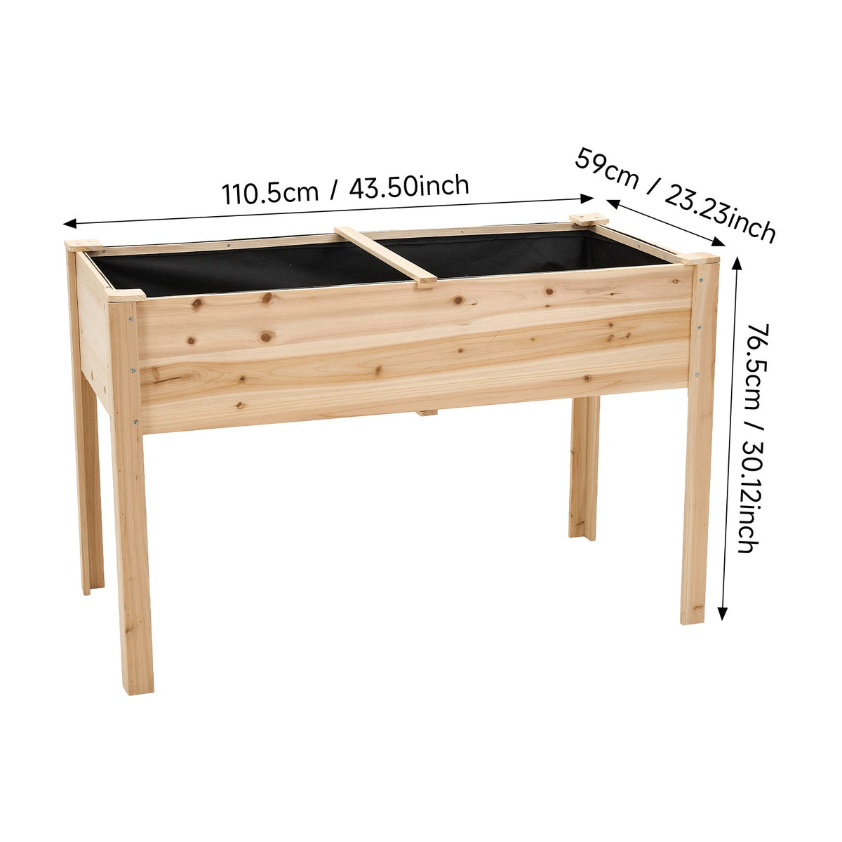 Natural raised bed on white marked 110.5 cm long, 59 cm deep and 76.5 cm tall