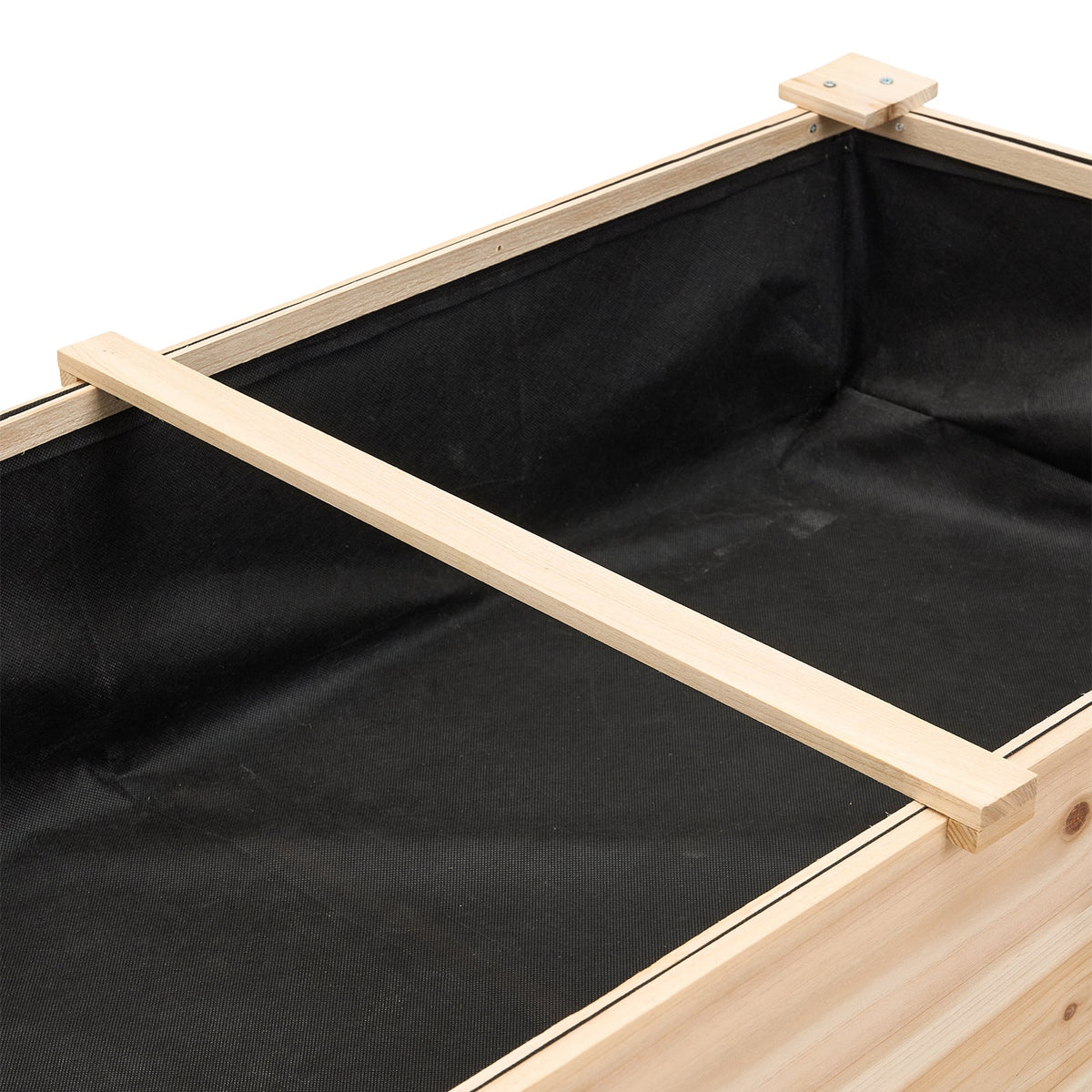 Close-up of the black fabric liner and the wooden top bar inside the natural planter