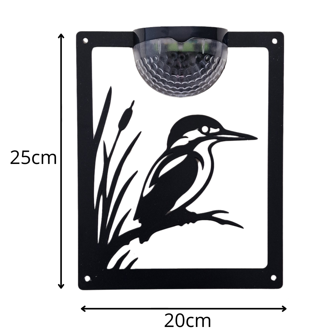 Kingfisher solar plaque on white, marked 20 cm wide and 25 cm high