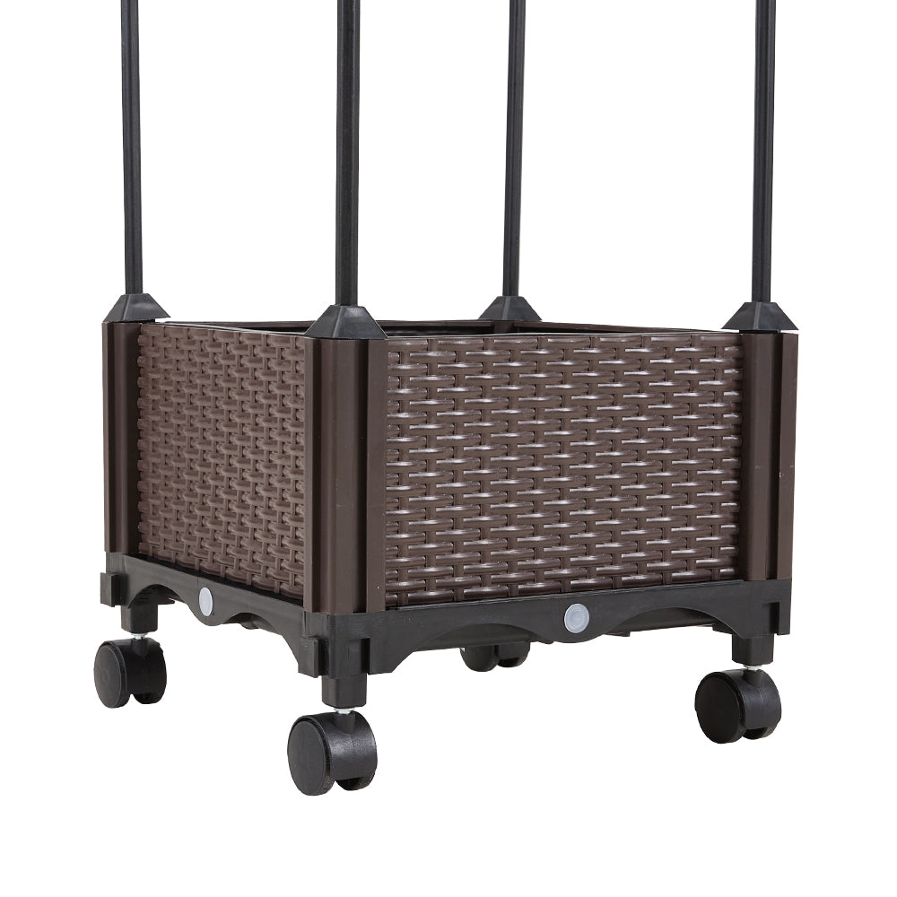 Brown rattan-effect planter box on black base with castors and trellis poles, on white