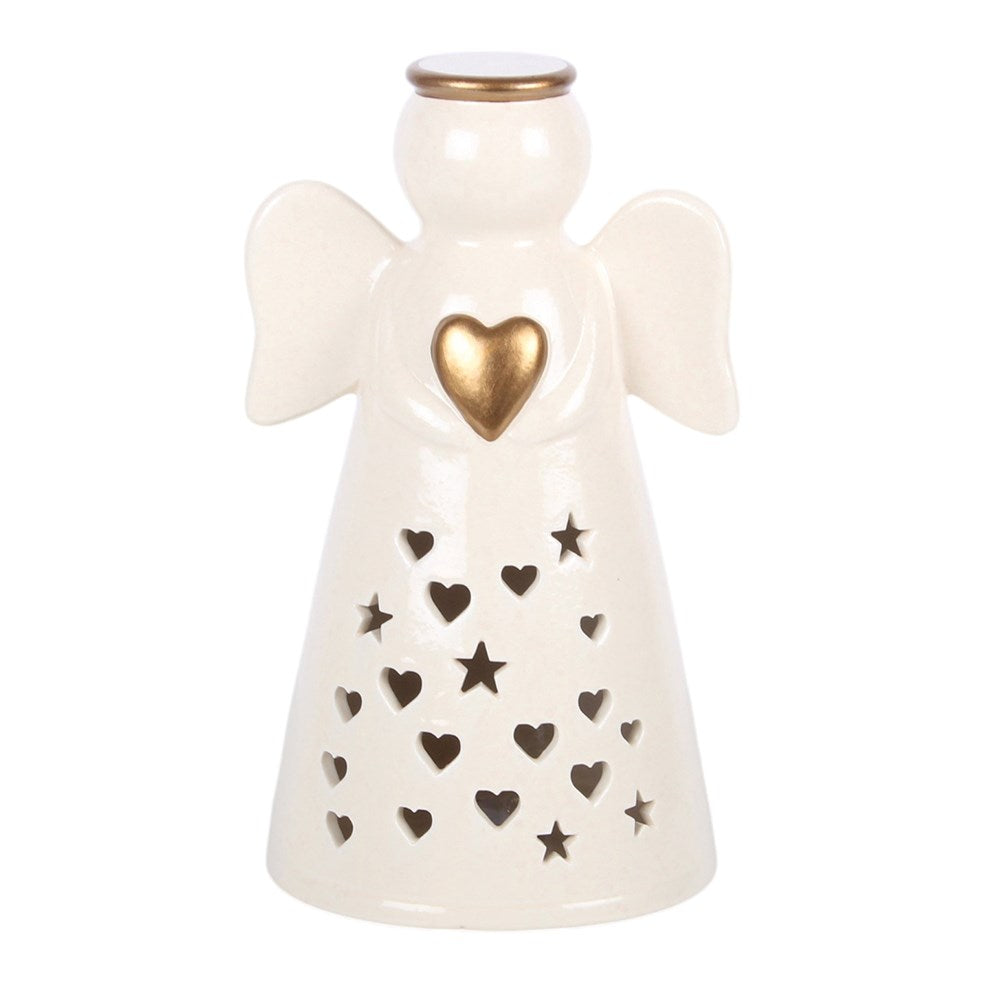 The ceramic angel with a gold halo and gold heart and heart and star cut-outs on a white background