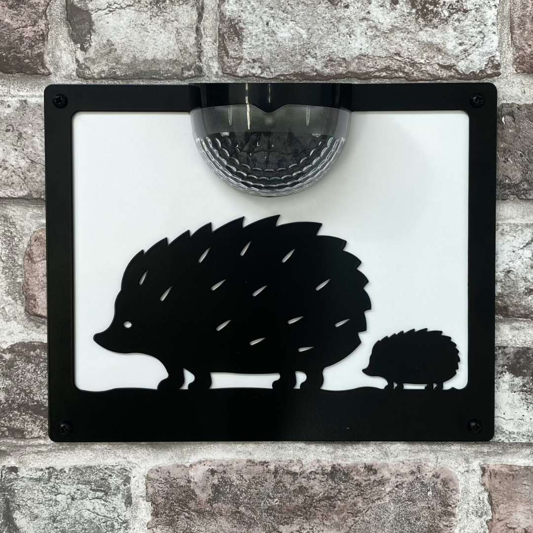 Hedgehog solar wall plaque with white backing panel on a pale brick wall