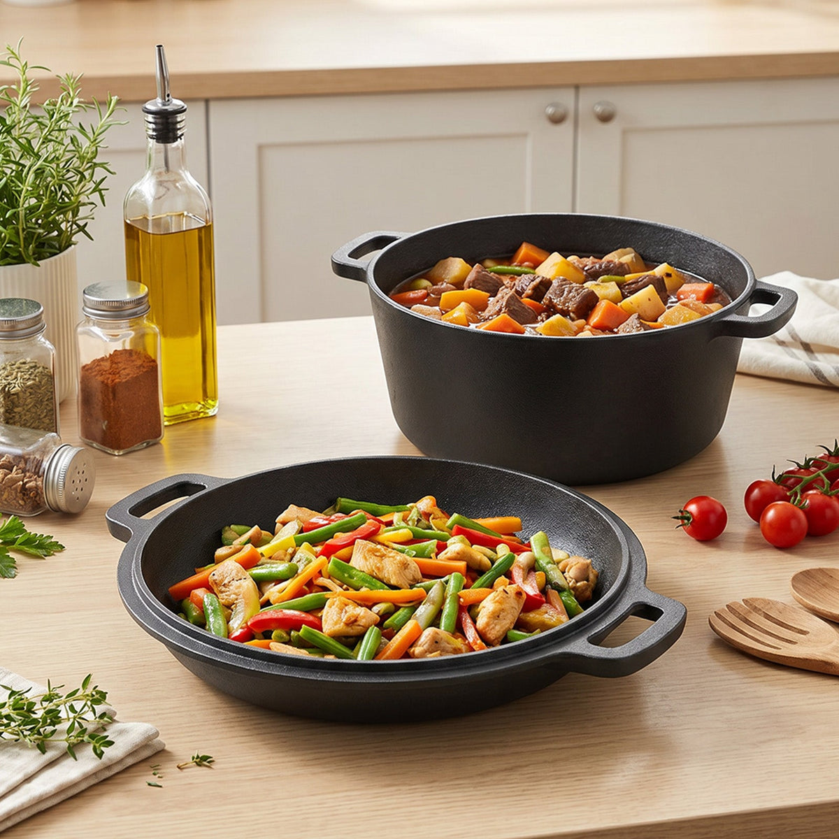 Cast iron Dutch oven of beef stew beside its lid used as a pan with chicken and vegetables