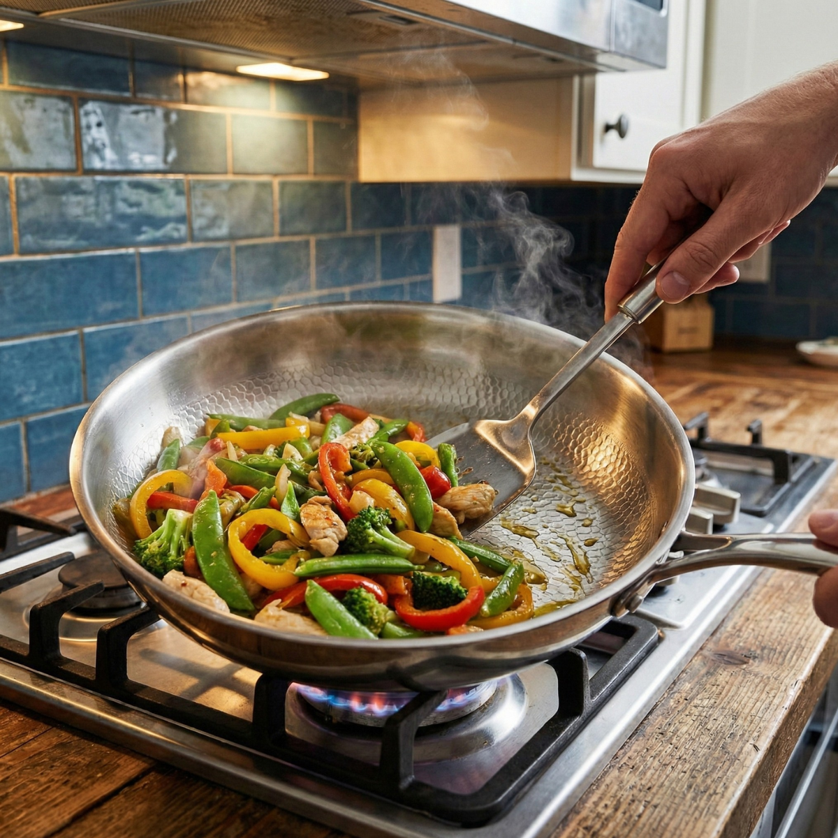 The pan on a lit gas burner with a chicken and pepper stir-fry being turned with a metal spatula, blue tiles behind.