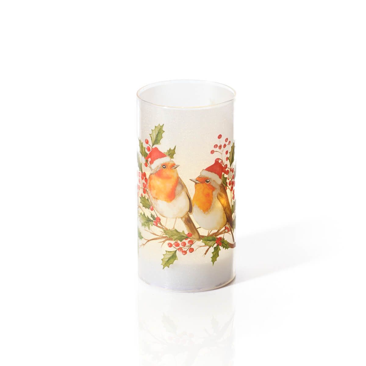 Frosted cylinder light printed with two robins in Santa hats on a holly branch, on white