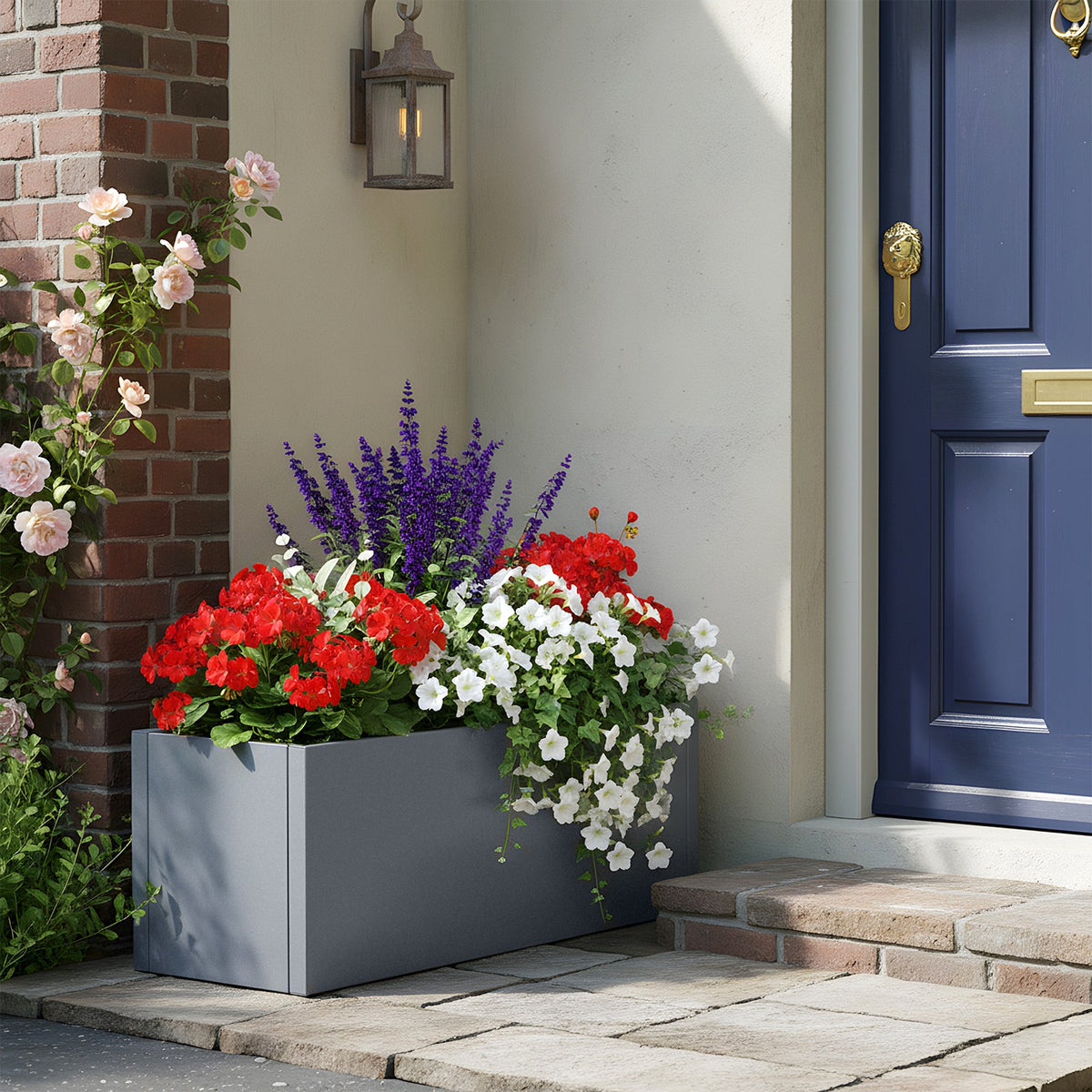 Grey rectangular planter with red, white and purple flowers by a blue front door