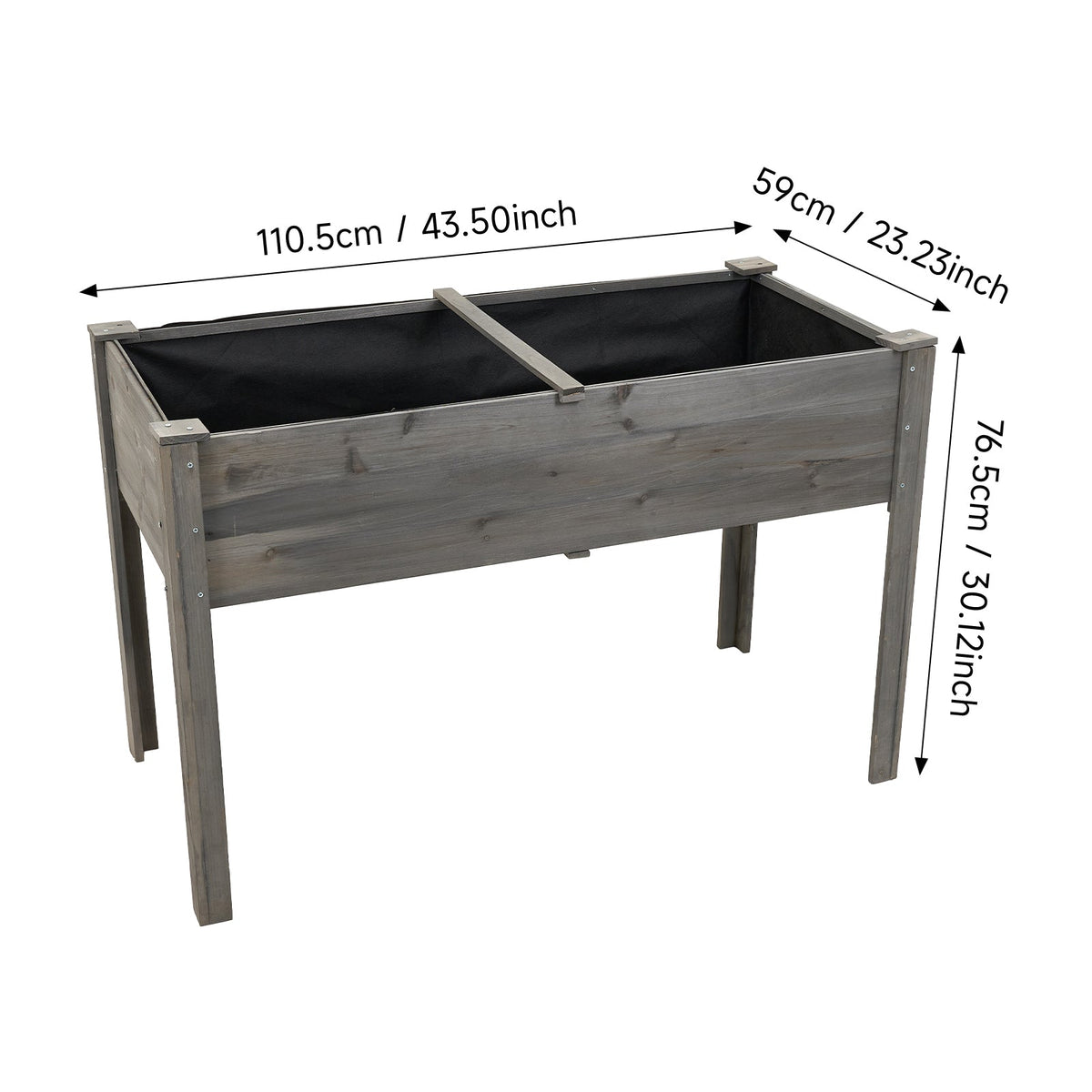 Grey raised bed on white marked 110.5 cm long, 59 cm deep and 76.5 cm tall