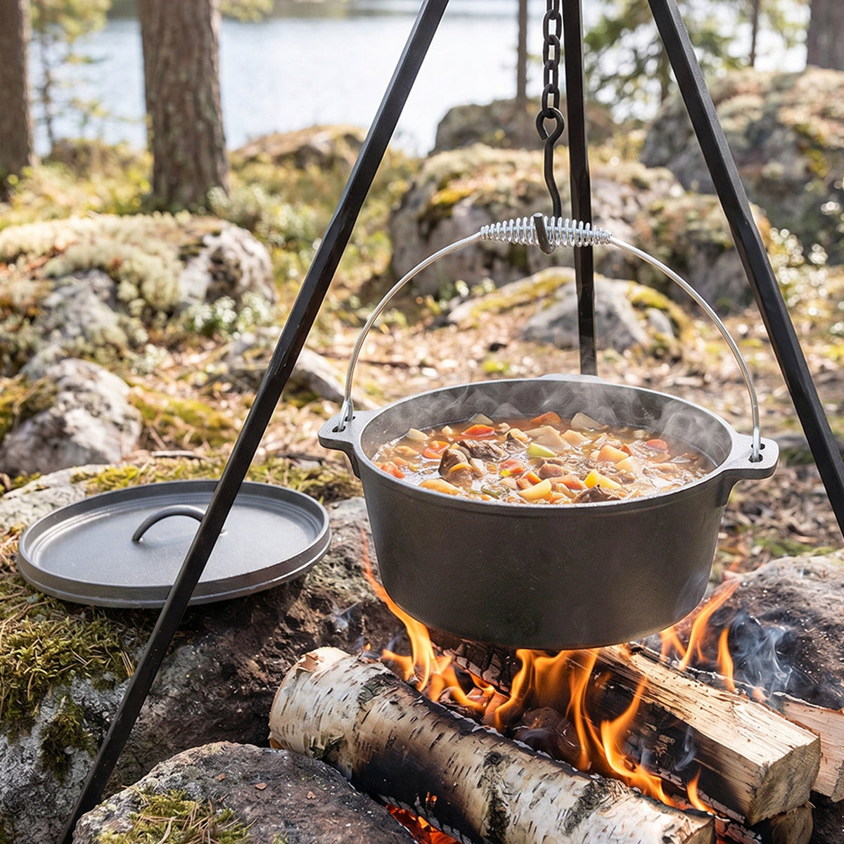 Dutch oven hanging by its bail handle over a birch log fire beside a lake