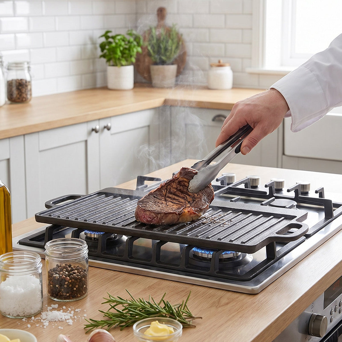 Cast iron griddle on a gas hob in a white kitchen with a steak held in tongs