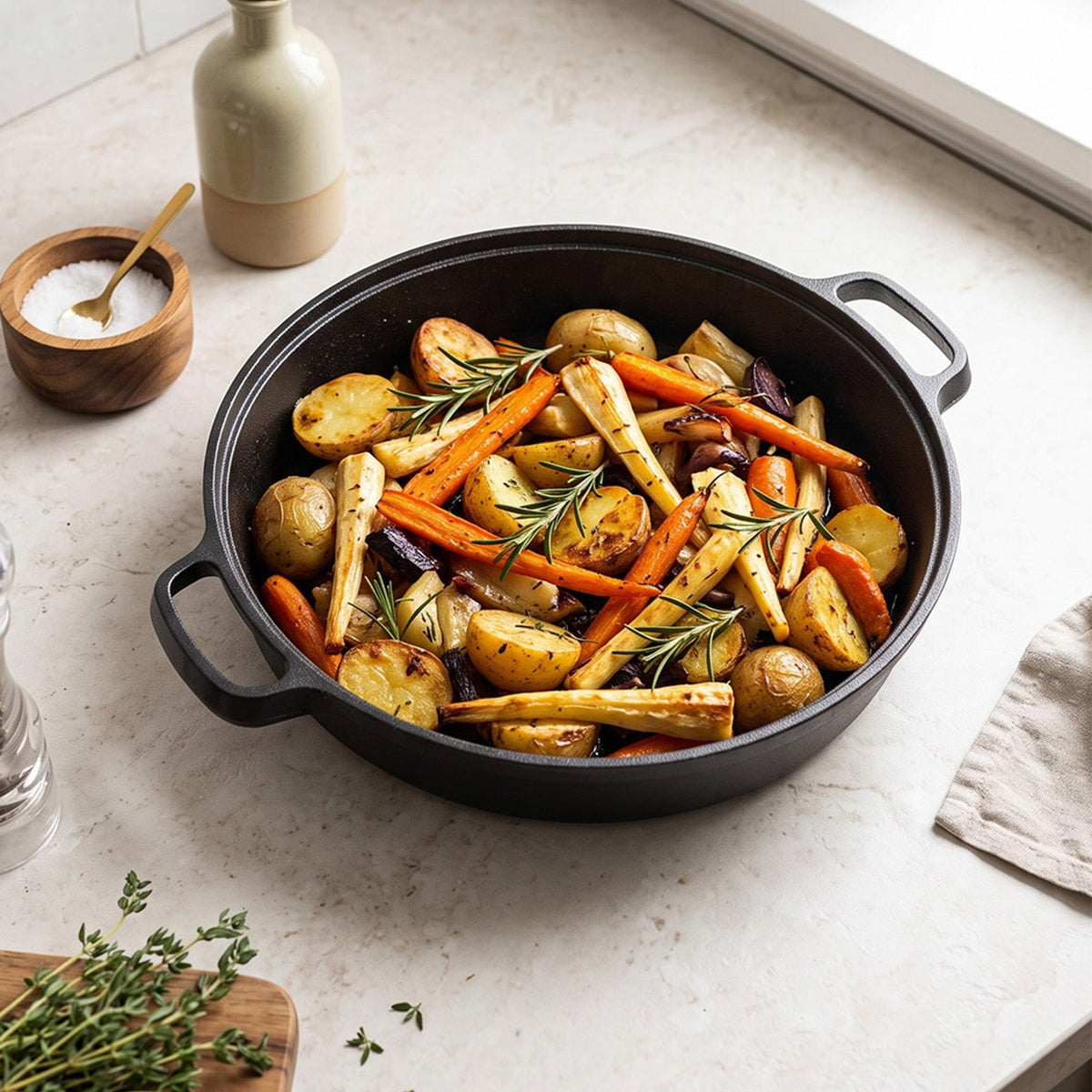 Cast iron skillet of roasted potatoes, carrots and parsnips with rosemary on a stone worktop