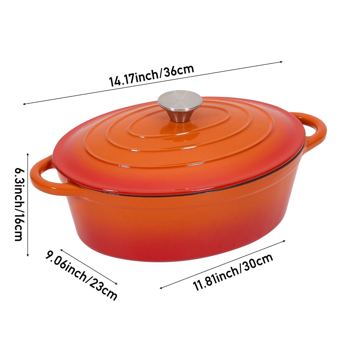 Orange oval Dutch oven on white, marked 36 cm with handles, 30 by 23 cm and 16 cm high