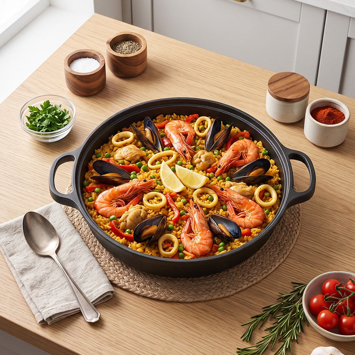 Cast iron skillet with two handles filled with seafood paella on a wooden table