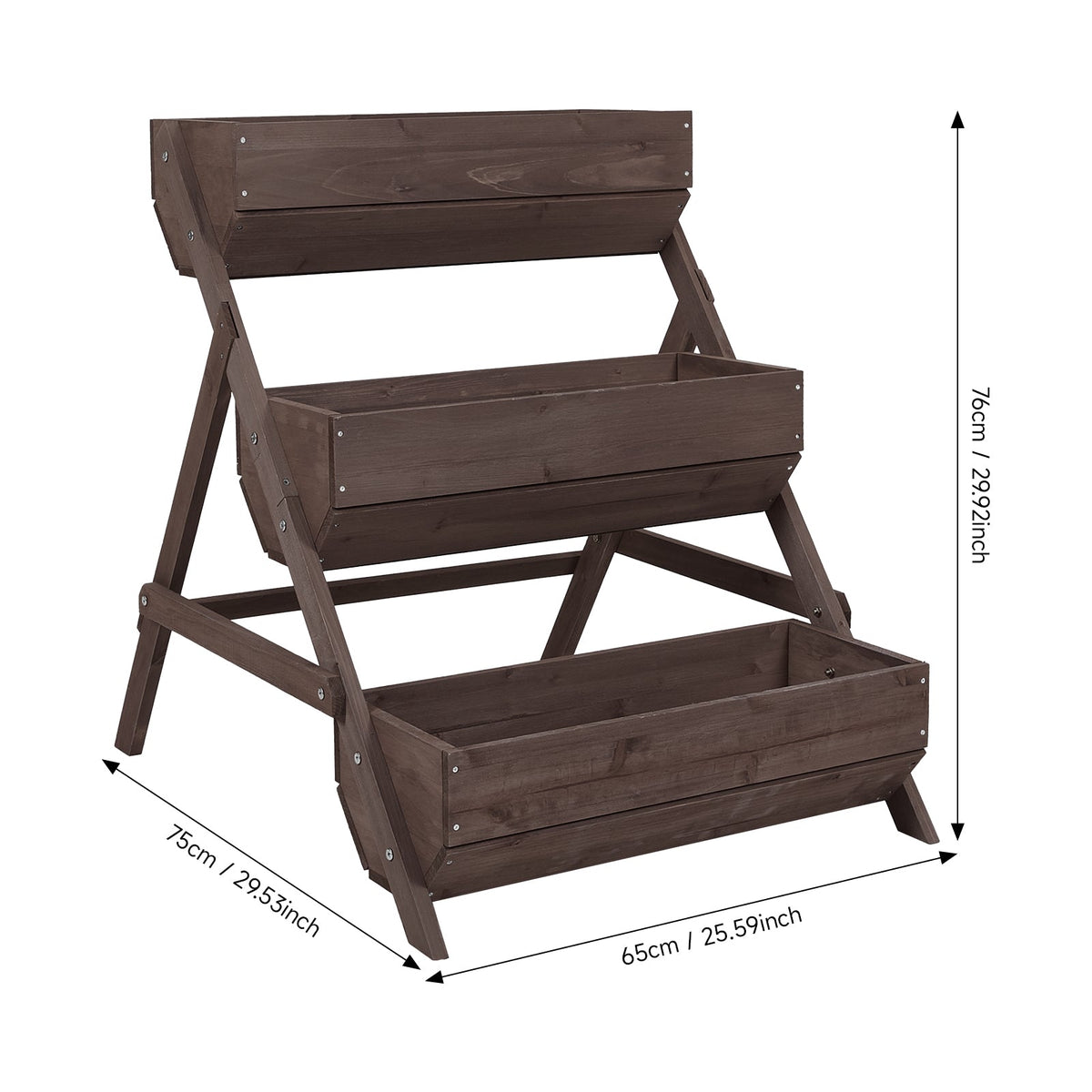 Brown three-tier planter on white, marked 65 cm wide, 75 cm deep and 76 cm high