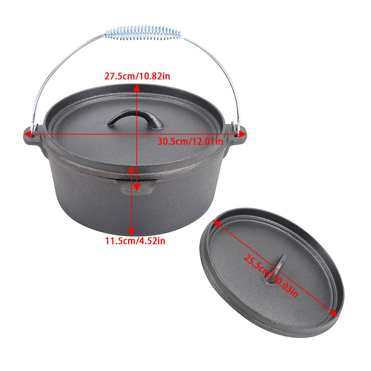 Dutch oven and lid on white, marked 27.5 cm across, 30.5 cm across the lugs, 11.5 cm tall and a 25.5 cm lid