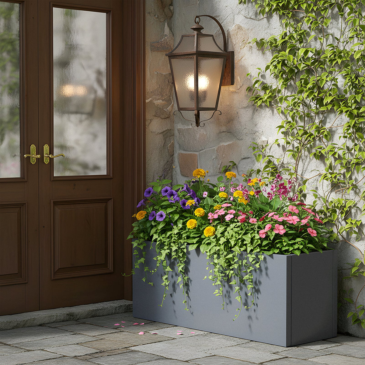 Grey steel planter full of trailing flowers beside a front door