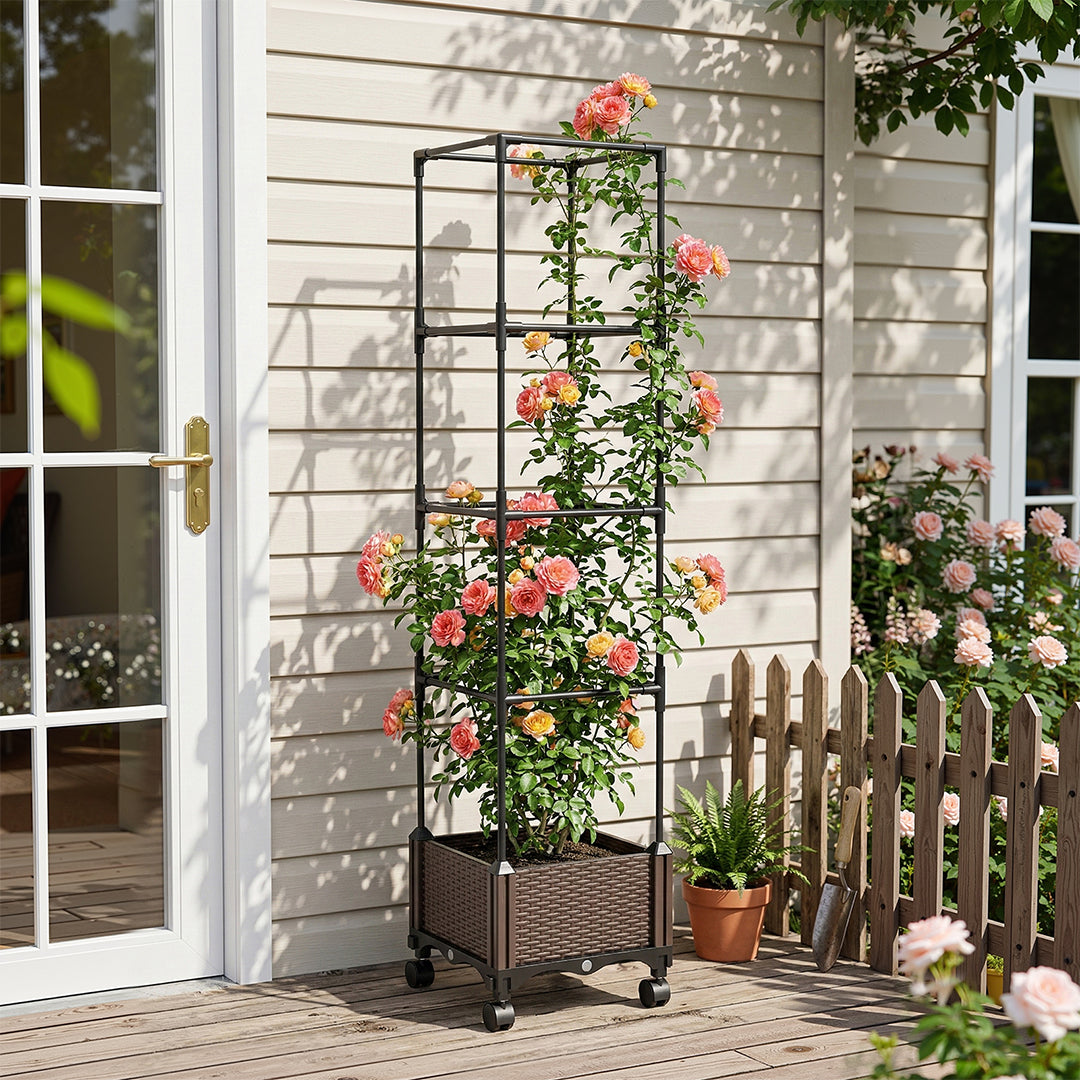 Planter with trellis and red and orange roses on a wooden deck by a white door