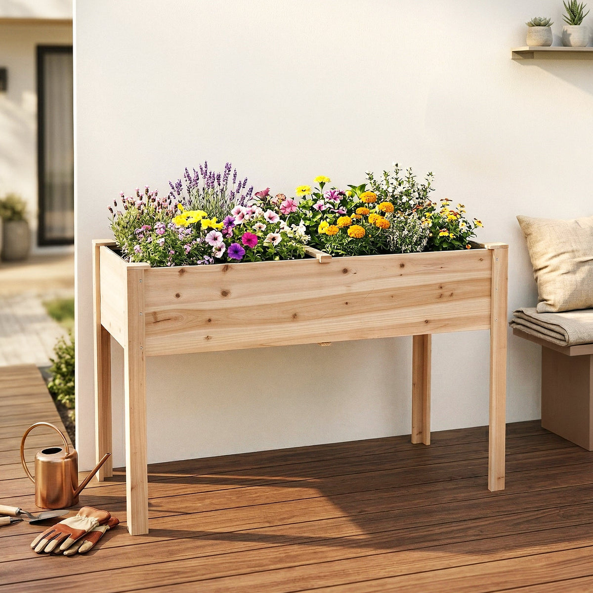 Natural elevated planter with flowers on a wooden deck beside a watering can