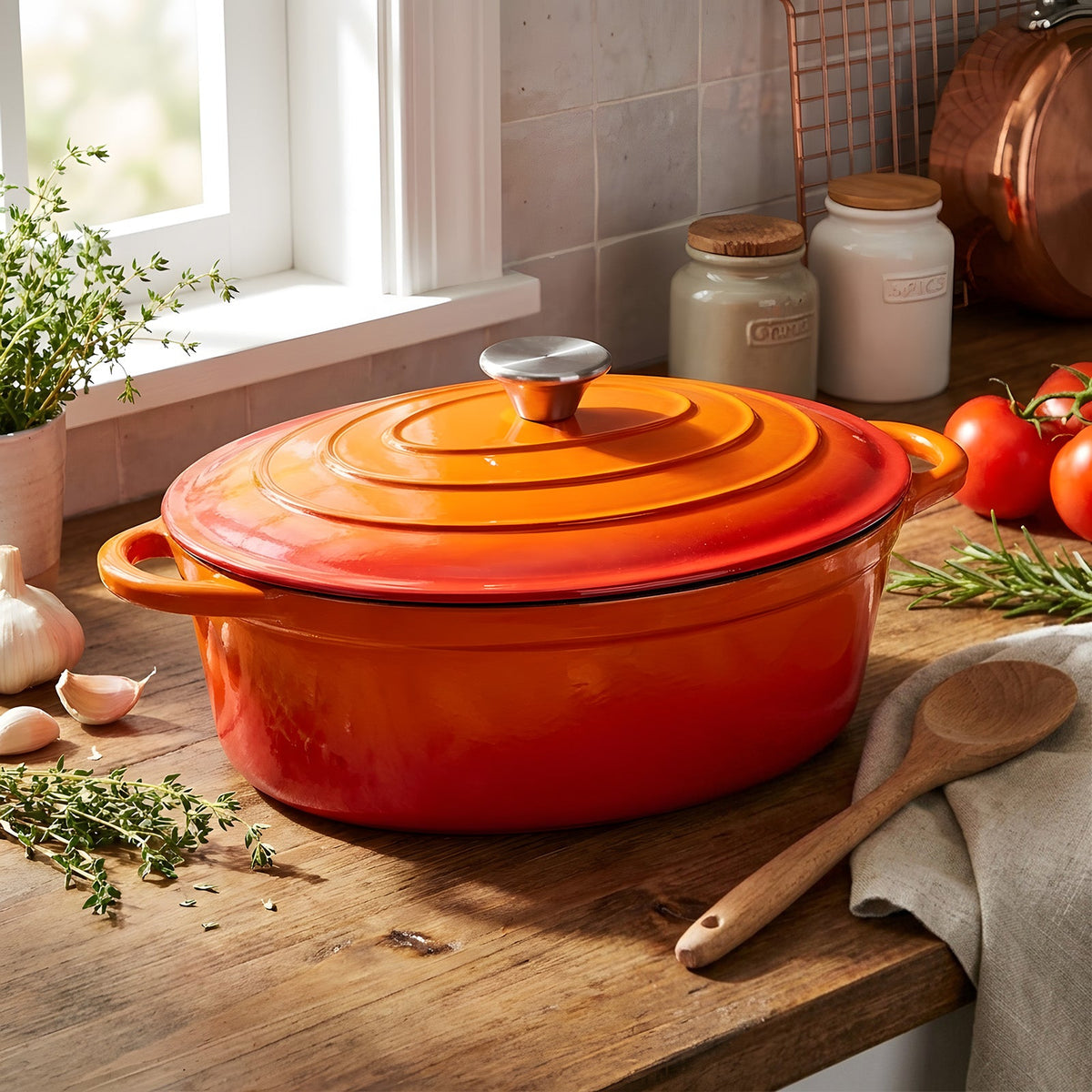 Orange oval enamelled Dutch oven with its lid on, on a wooden kitchen worktop