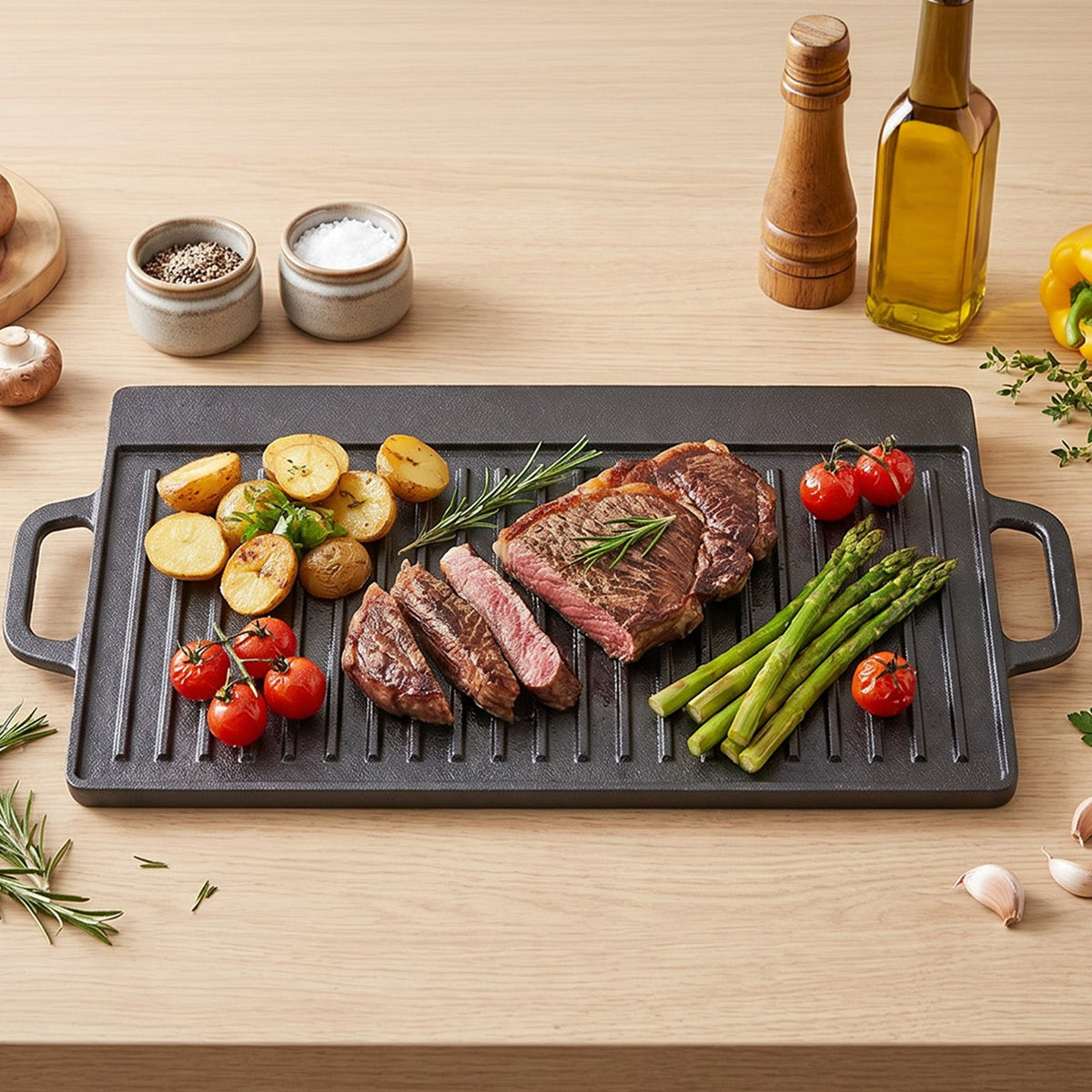 Ribbed cast iron griddle with sliced steak, potatoes, asparagus and tomatoes on a wooden table
