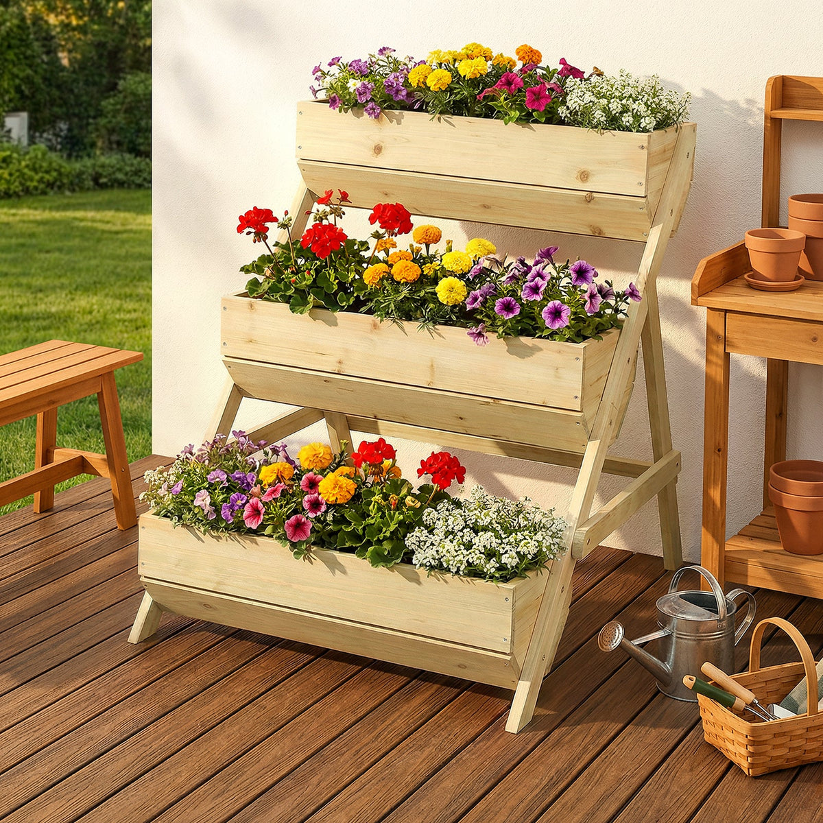 Natural wood three-tier planter with red, purple and yellow flowers on a wooden deck