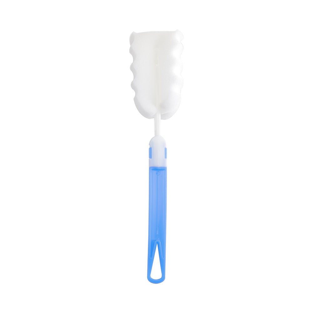 Cleaning brush with a white sponge head and a blue handle, on white