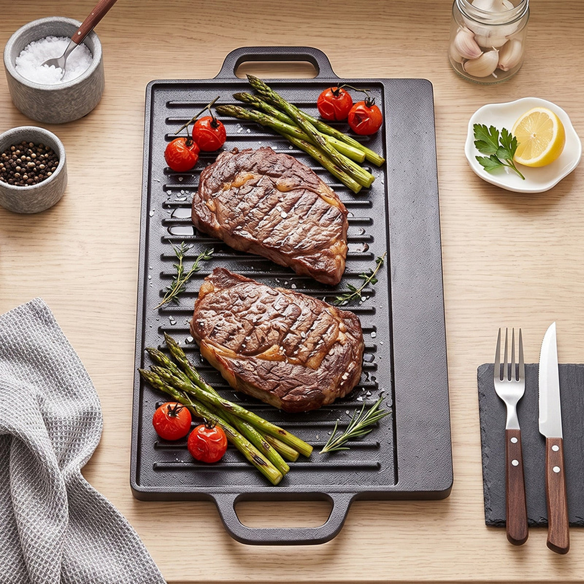 Top view of the ribbed cast iron griddle with two grilled steaks, asparagus and tomatoes