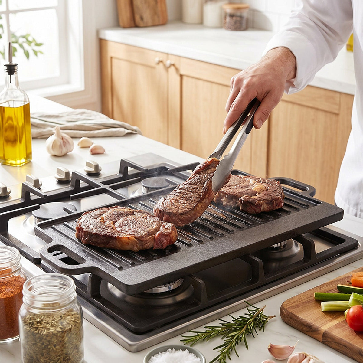 Cast iron griddle across two gas hob burners with steaks being turned with tongs