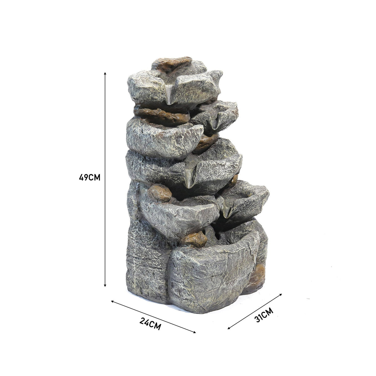 Rock cascade fountain on white marked 49 cm tall, 24 cm deep and 31 cm wide