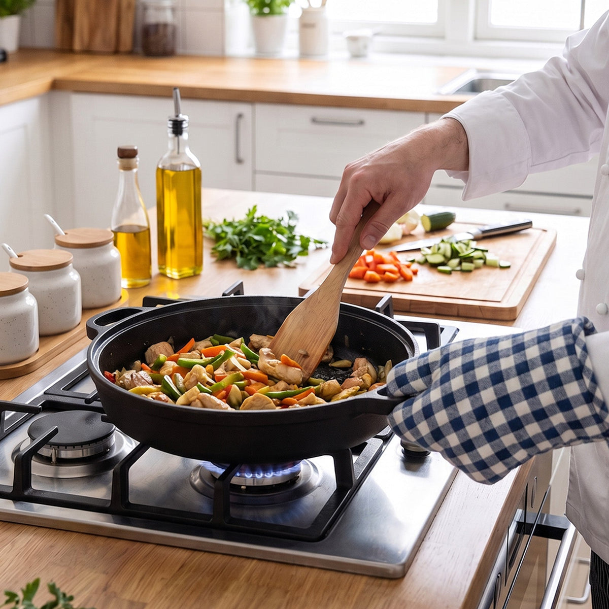 Vegetables being stirred in the cast iron skillet on a gas hob