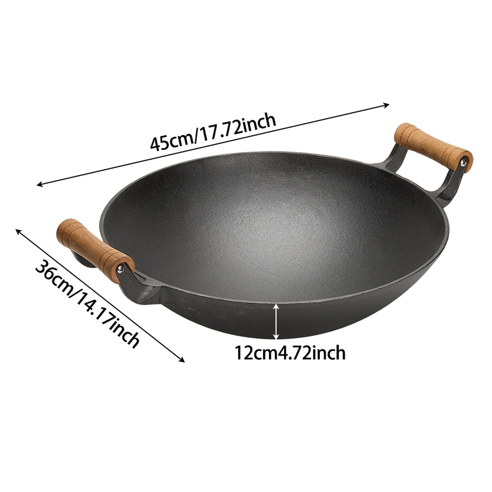 Cast iron wok on white marked 45 cm with handles, 36 cm across and 12 cm deep