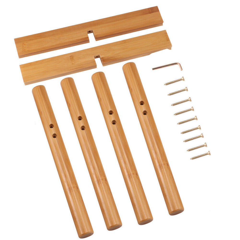 Parts of the bamboo stand on white: two slotted bars, four legs, screws and an Allen key