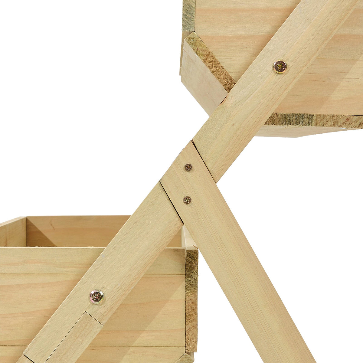 Close-up of the natural wood A-frame leg bolted to a planter box