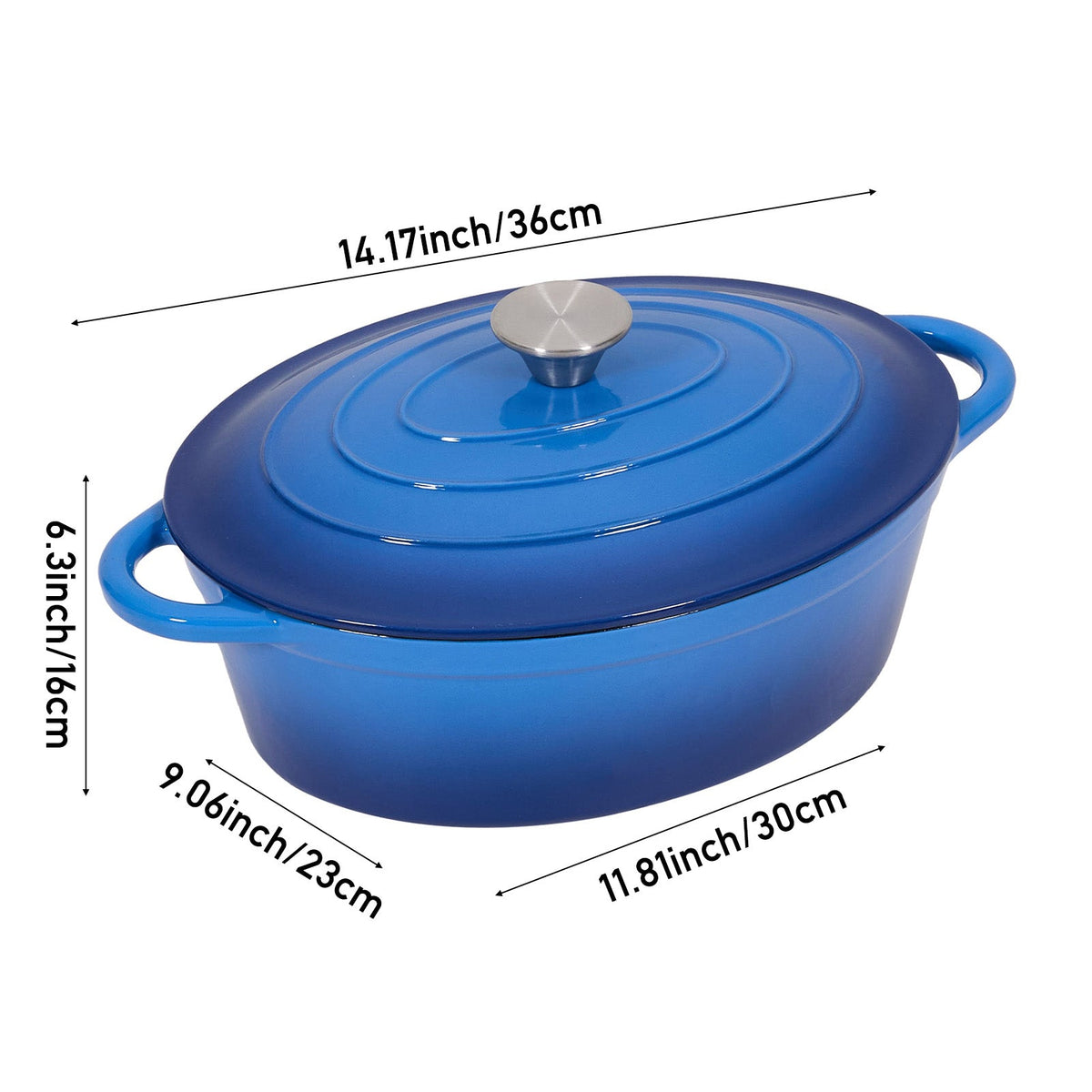 Blue oval Dutch oven on white, marked 36 cm with handles, 30 by 23 cm and 16 cm high