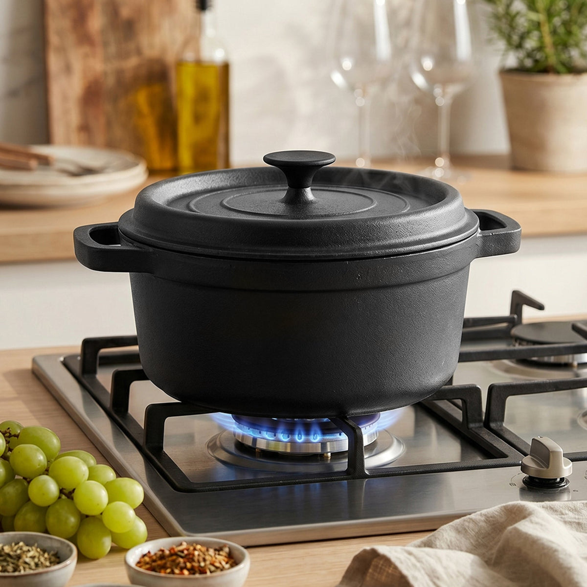Black cast iron Dutch oven with its lid on, standing on a lit gas hob in a kitchen