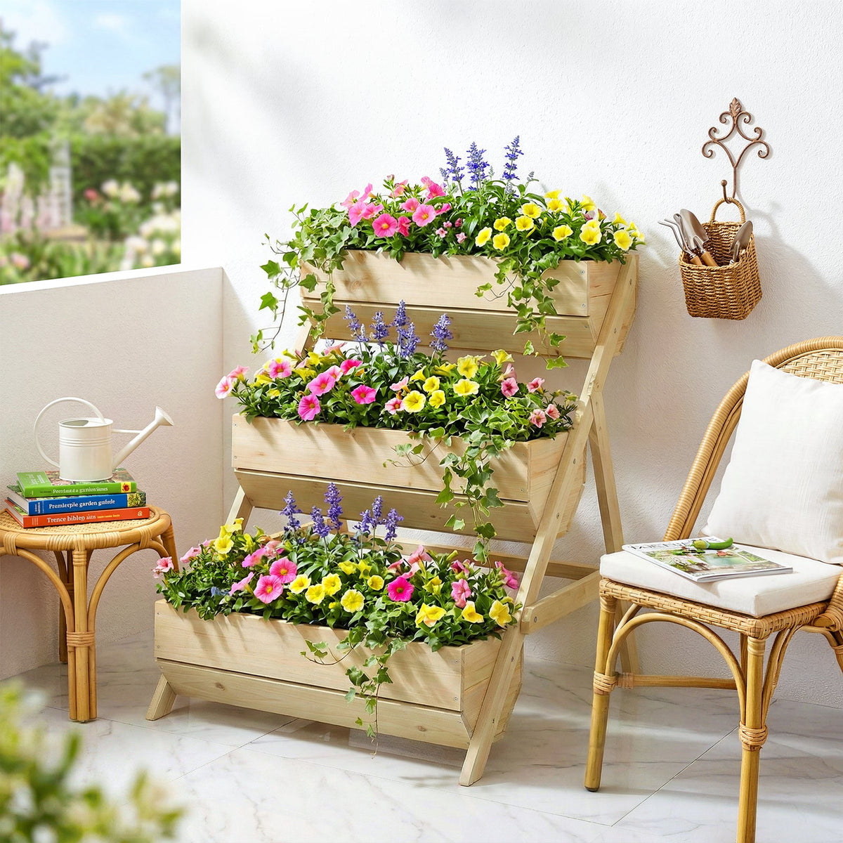 Natural wood three-tier planter full of flowers on a sunny patio beside a rattan chair