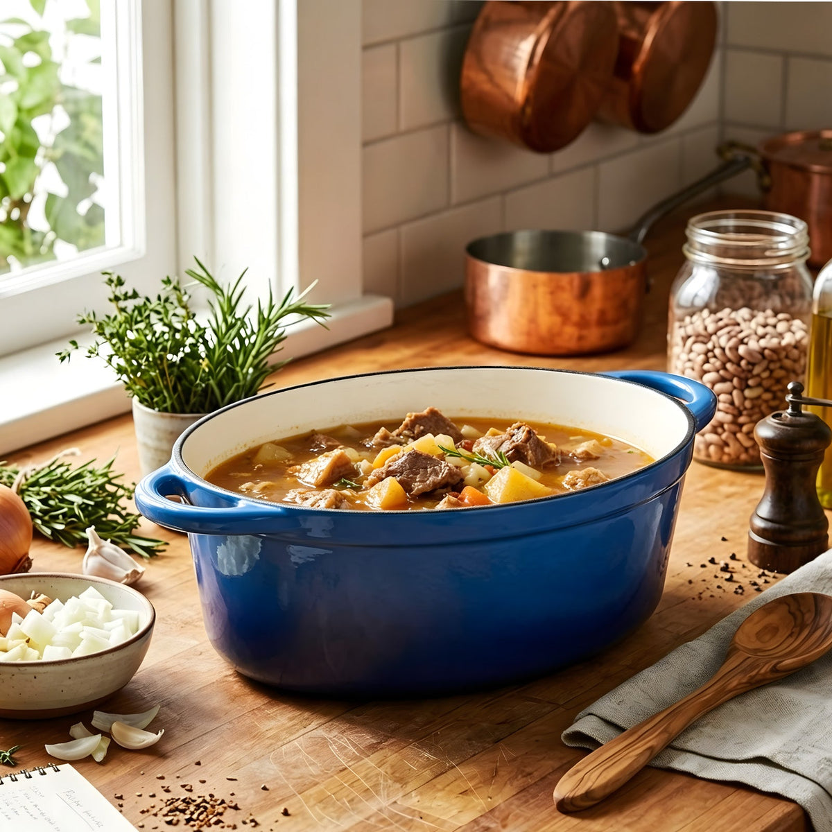 Blue oval enamelled Dutch oven filled with stew on a wooden kitchen worktop