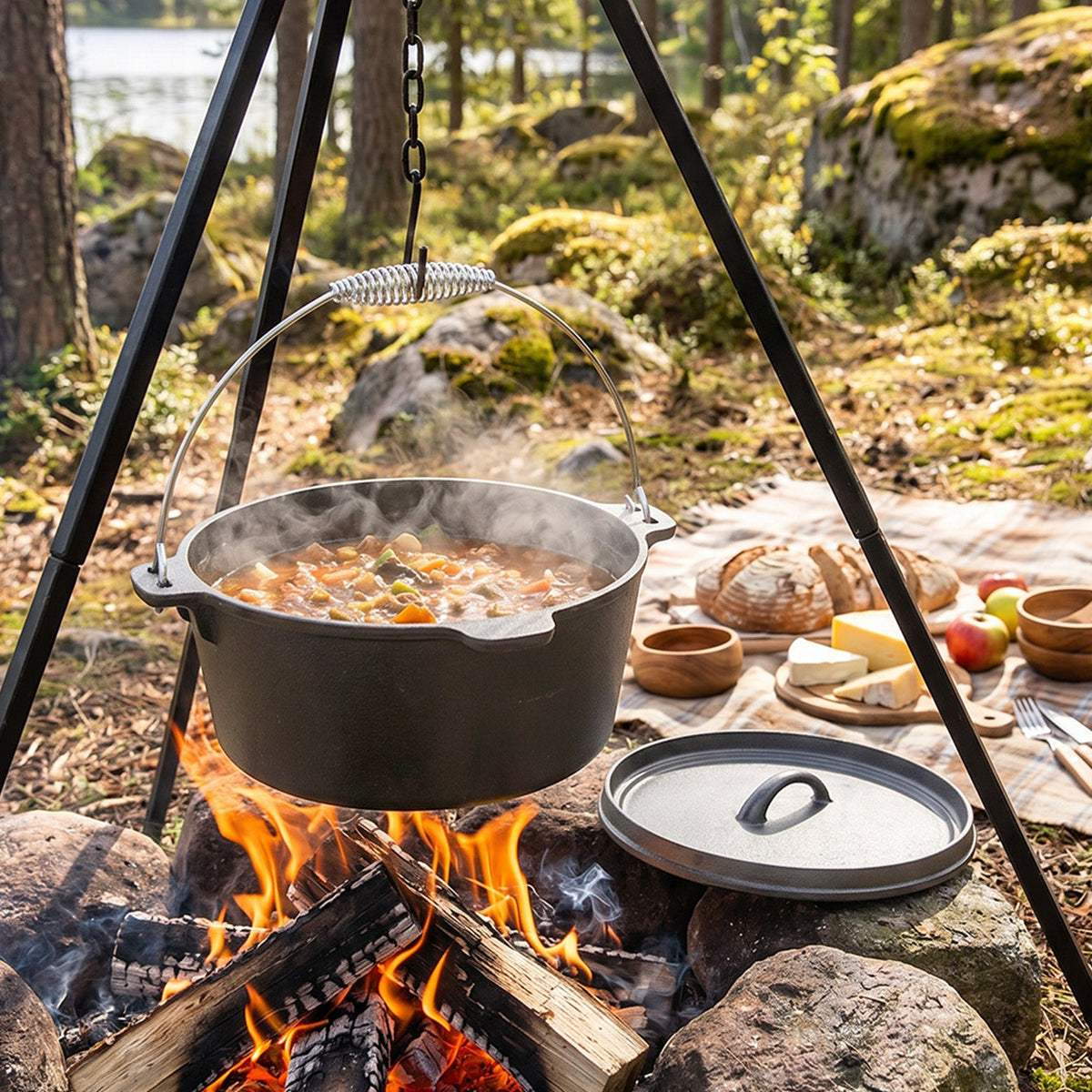 Cast iron Dutch oven of stew hanging from a tripod over a campfire, its lid on a rock