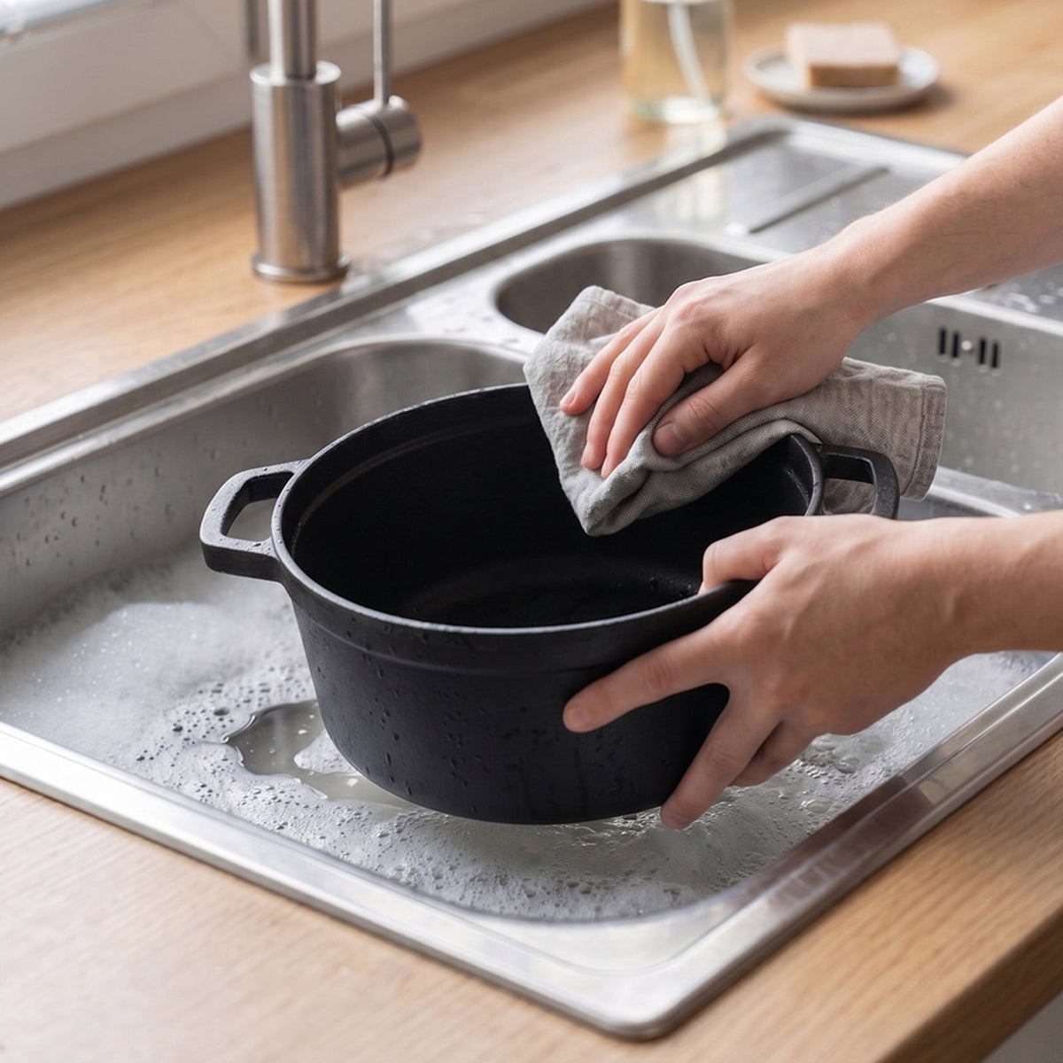 Two hands wiping the black cast iron pot with a cloth in a kitchen sink