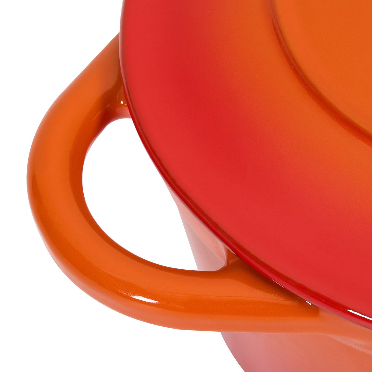 Close-up of the loop handle on the orange enamelled pot